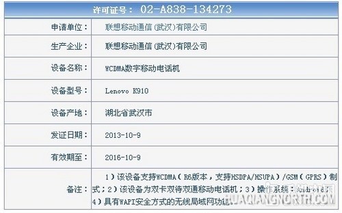 联想K910获得国内入网许可证